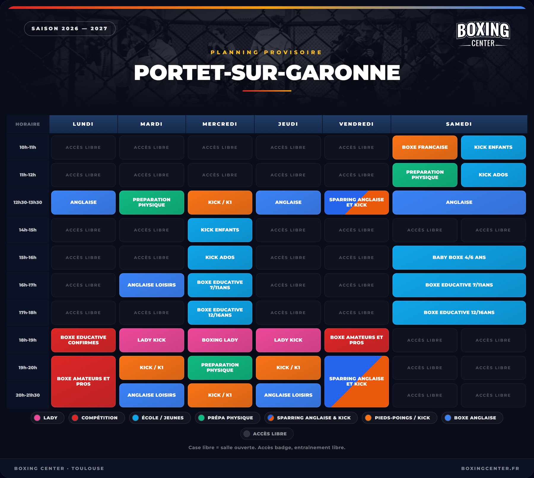Planning provisoire du Boxing Center Portet-sur-Garonne : boxe anglaise, kick, boxe éducative et préparation physique, du lundi au samedi